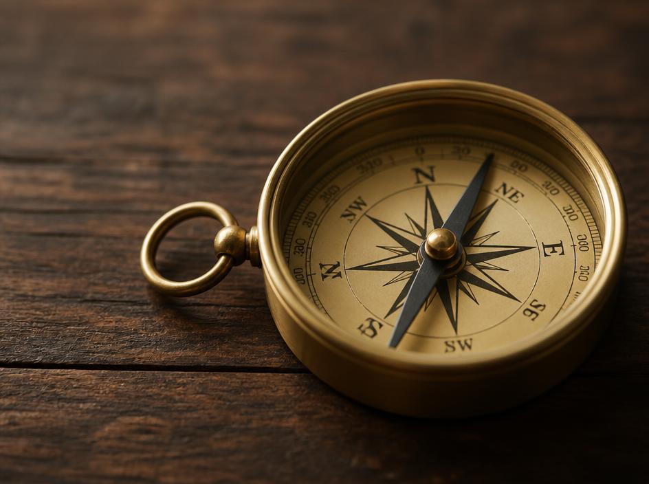 Brass compass on dark wood representing a partner in change